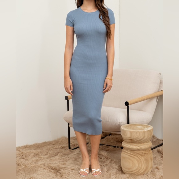 Round Neck Rib Knitted Midi Dress Light Blue